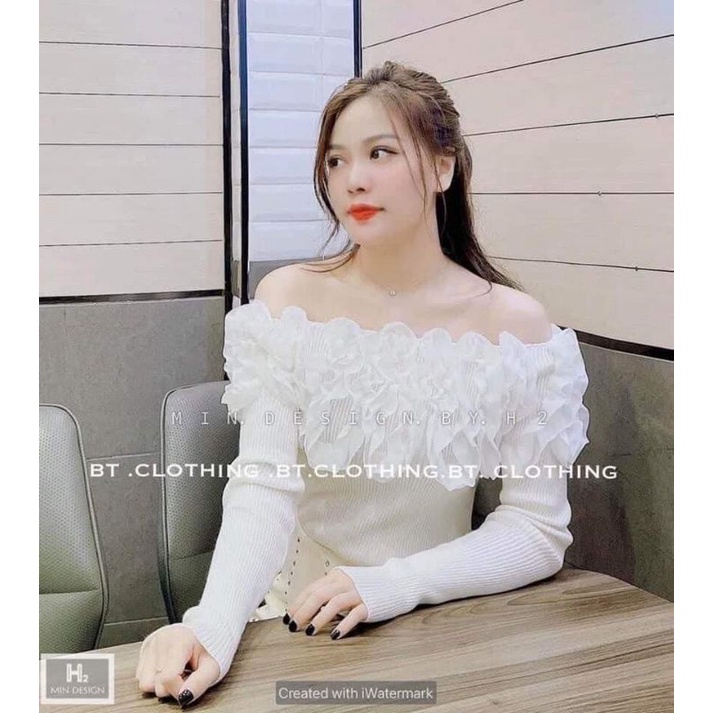 Áo len tăm trễ vai bèo 2 màu cho nữ