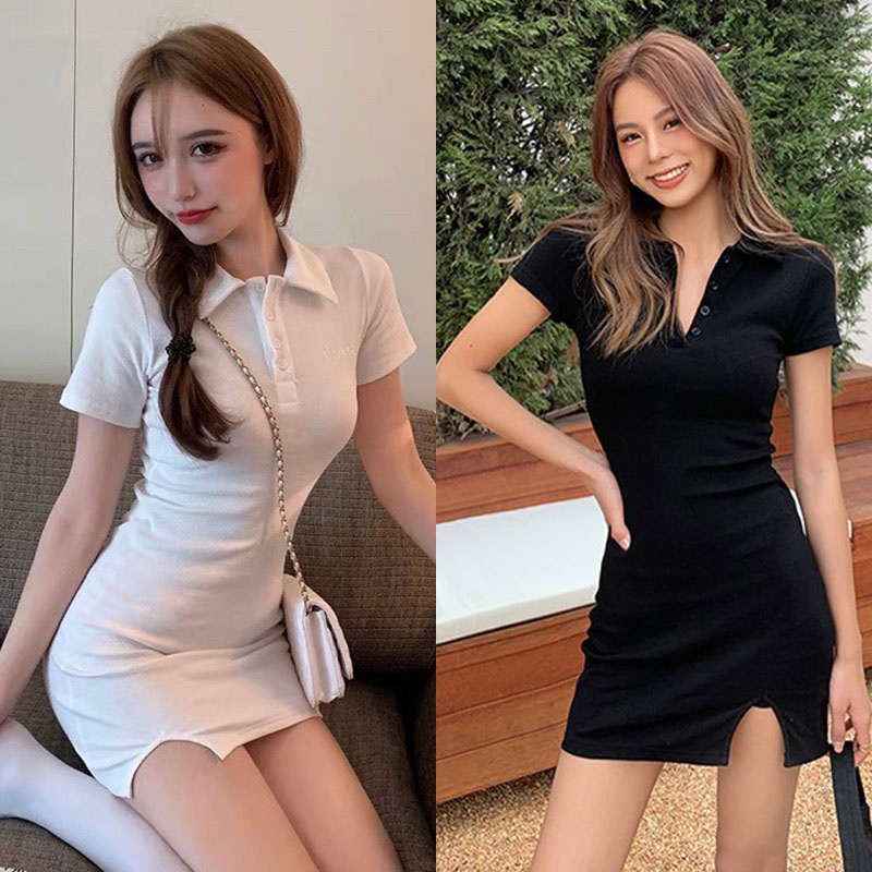 Váy Polo Body Tay Ngắn, Đầm Suông Nữ Xẻ Đùi Cổ V Dáng Ôm Ngắn Thể Thao Sexy V092