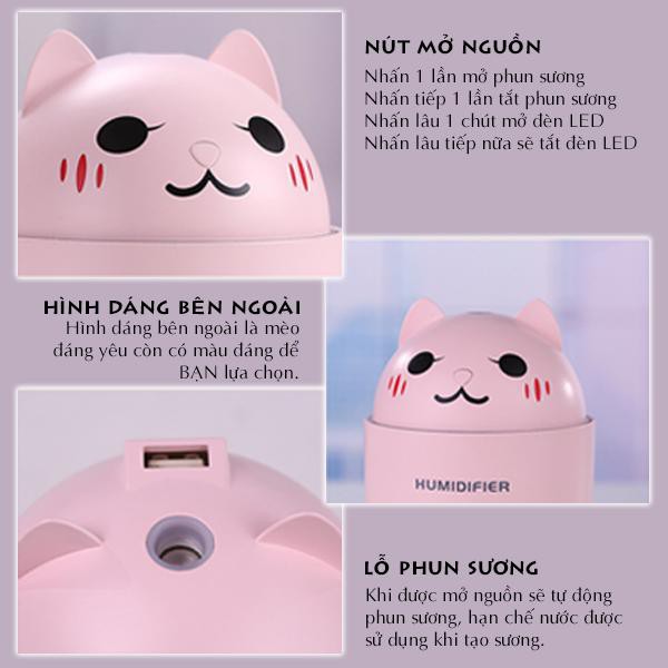 Máy phun sương mini, máy xông tinh dầu hình thú Humidifier (tặng đèn led + quạt cổng USB)