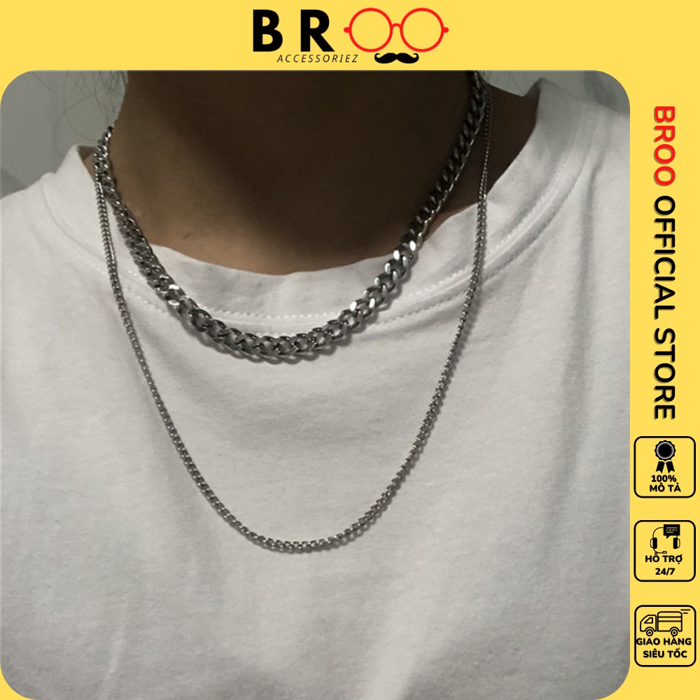 Dây chuyền nam nữ BROO xích trơn nhiều lớp, chuỗi vòng cổ unisex titan màu bạc đẹp cá tính