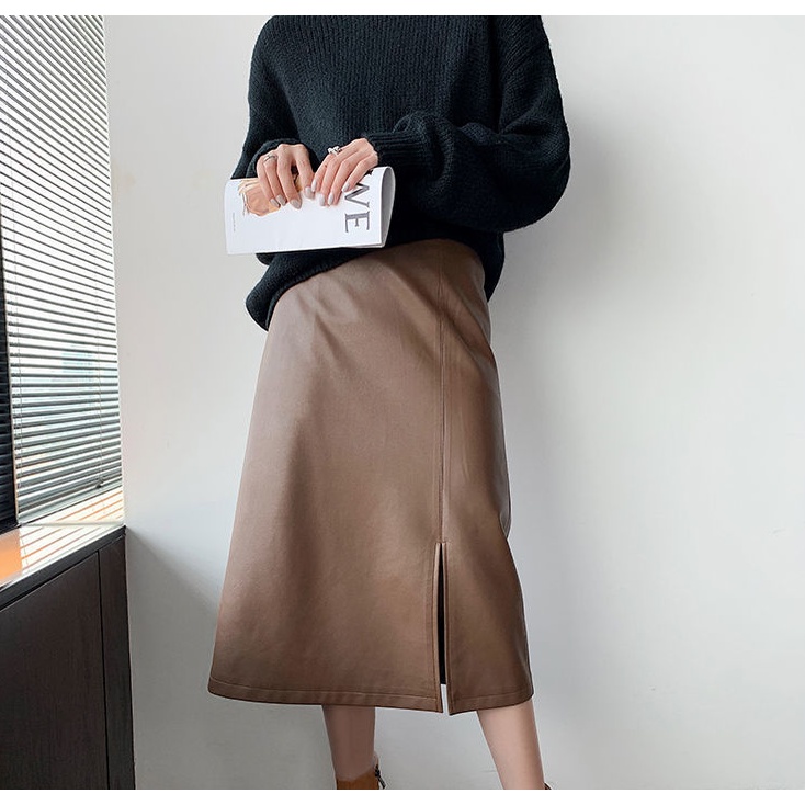 Chân váy da PU màu nâu dài cao cấp cho nữ