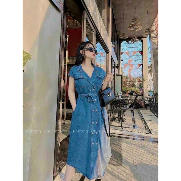 Váy bò kèm belt dáng dài siêu xinh, Đầm jean sát nách túi ngực siêu hot