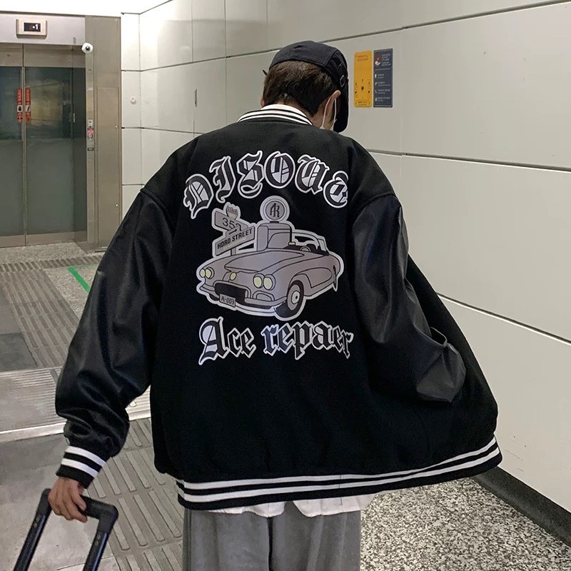 Áo Bomber Phối Tay Da Hình Ôto 🦋 Áo Khoác Nam Nữ Unisex Dáng Rộng Cúc Bấm 🦋