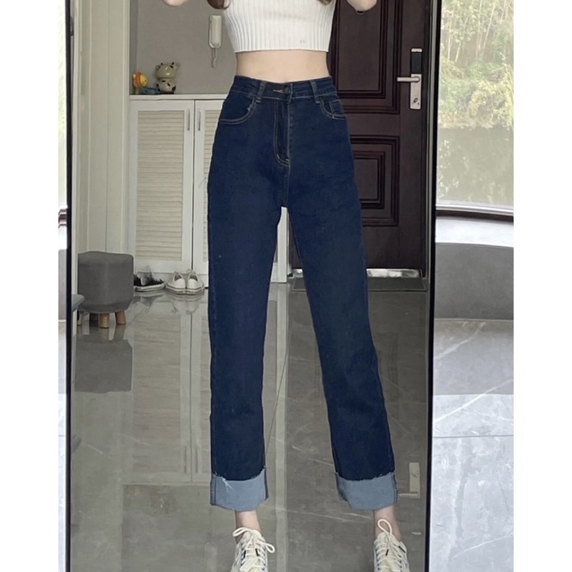 Quần bò gập gấu chất co dãn xanh đậm