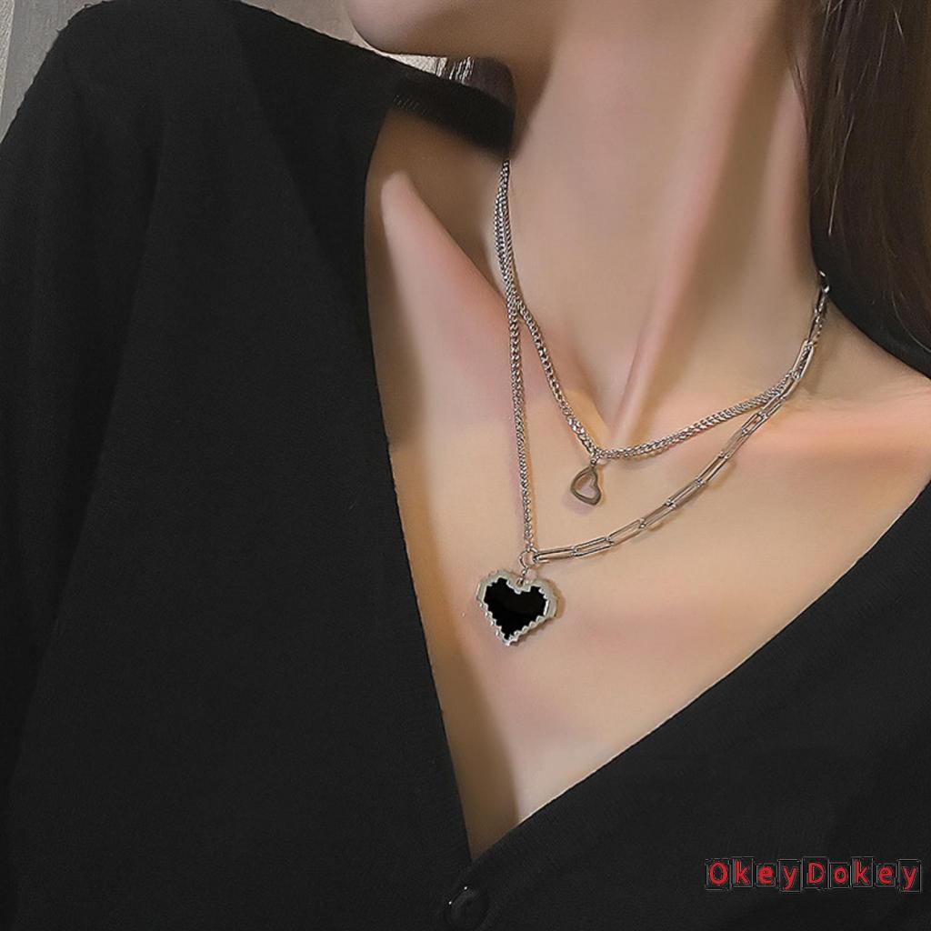 OKDK-Women´s Necklaces Black Mosaic Heart Design Double Layered Hip Hop Pendants Jewelry