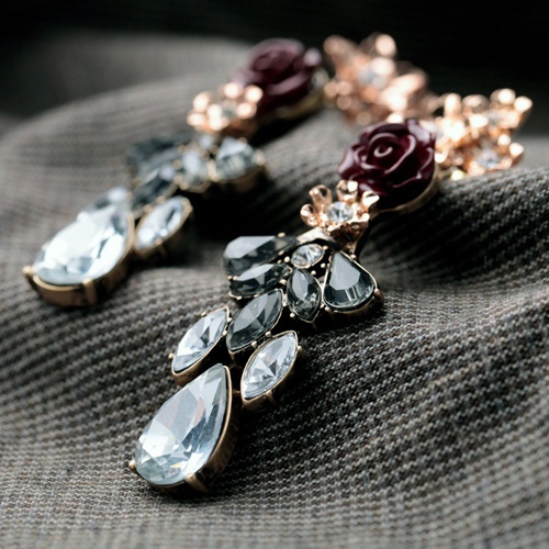 Khuyên tai đơn thiết kế hình hoa hồng đính đá quý nhân tạo sang trọng dành cho nữ