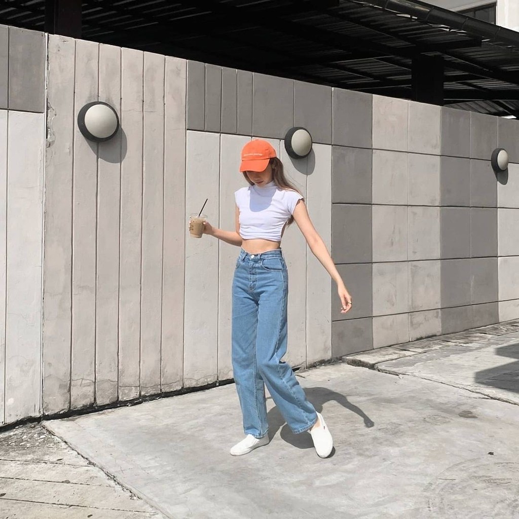 Quần Jeans Nữ Lưng Cao Ống Suông Rộng Màu Xanh LDL-102