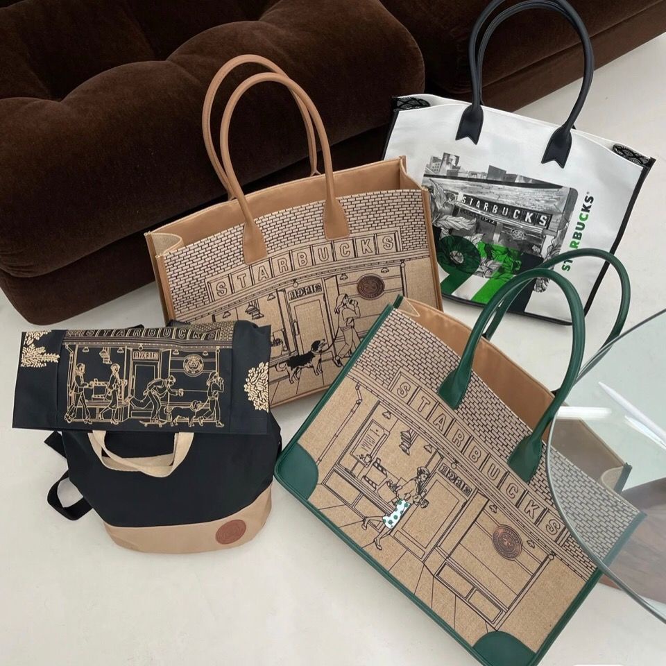 Starbucks 2021 limited collection 50th anniversary Vintage Linen letter canvas bag large capacity one shoulder handbag