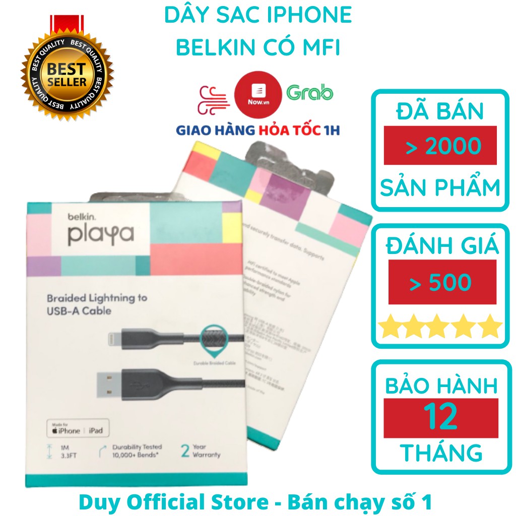 Dây sạc IPhone có MFI Belkin Playa sạc nhanh cho IP 6 7 8 X Xs Max 11 Pro Max IPad - Chính hãng