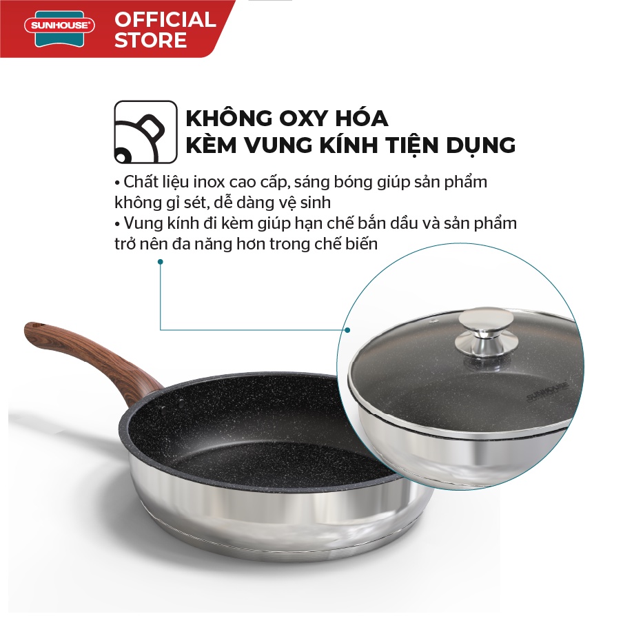 [Mã LIFEHL25 giảm 10% đơn350K] Chảo inox 304 vung kính đáy từ SUNHOUSE MAMA IN20-24-26ME5