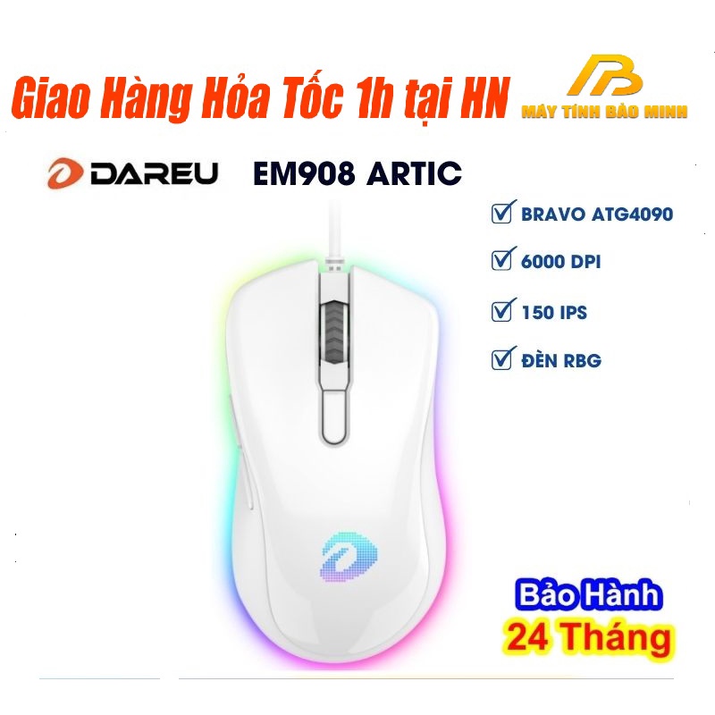 Chuột Gaming DAREU EM908 White (LED RGB, BRAVO sensor) - Hàng Chính Hãng