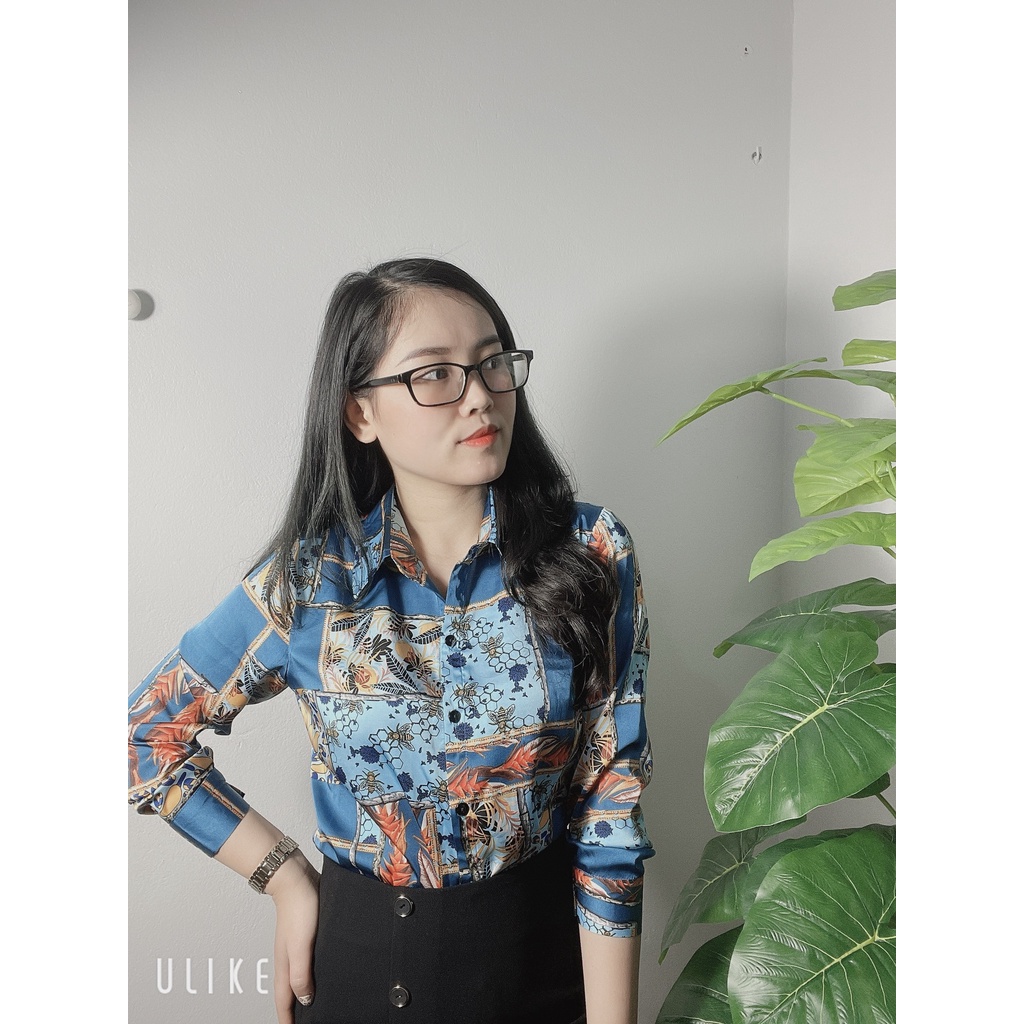 Áo sơ mi nữ lụa dài tay cao cấp công sở màu xanh mix họa tiết, áo sơ mi họa tiết thiết kế MQ Boutique