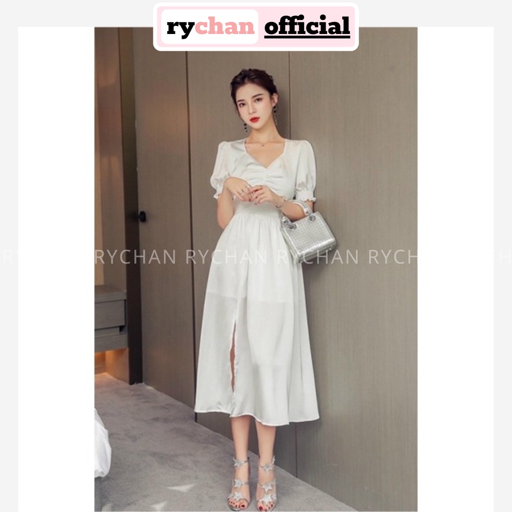 [ẢNH THẬT CUỐI] Đầm Xòe Dự Tiệc Nữ Màu Trắng Nhúng Ngực  Tay Phồng Xẻ Tà 2 Lớp Dày Dặn - DX9911