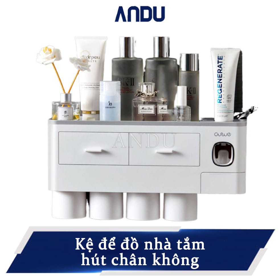 Kệ Để Đồ Nhà Tắm Hút Chân Không Chắc Chắn, Bộ Nhả Kem Đánh Răng Tự Động Loại 2 Cốc, 3 Cốc, 4 Cốc