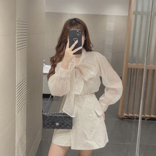 Áo bóng nhũ cổ nơ be