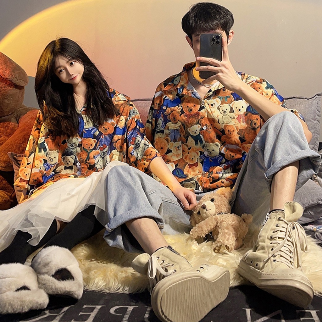 Sơ mi from rộng tay lỡ unisex nam nữ , sơ mi nam nữ vải voan lụa mịn mát free size 40kg - 70kg in hình gấu