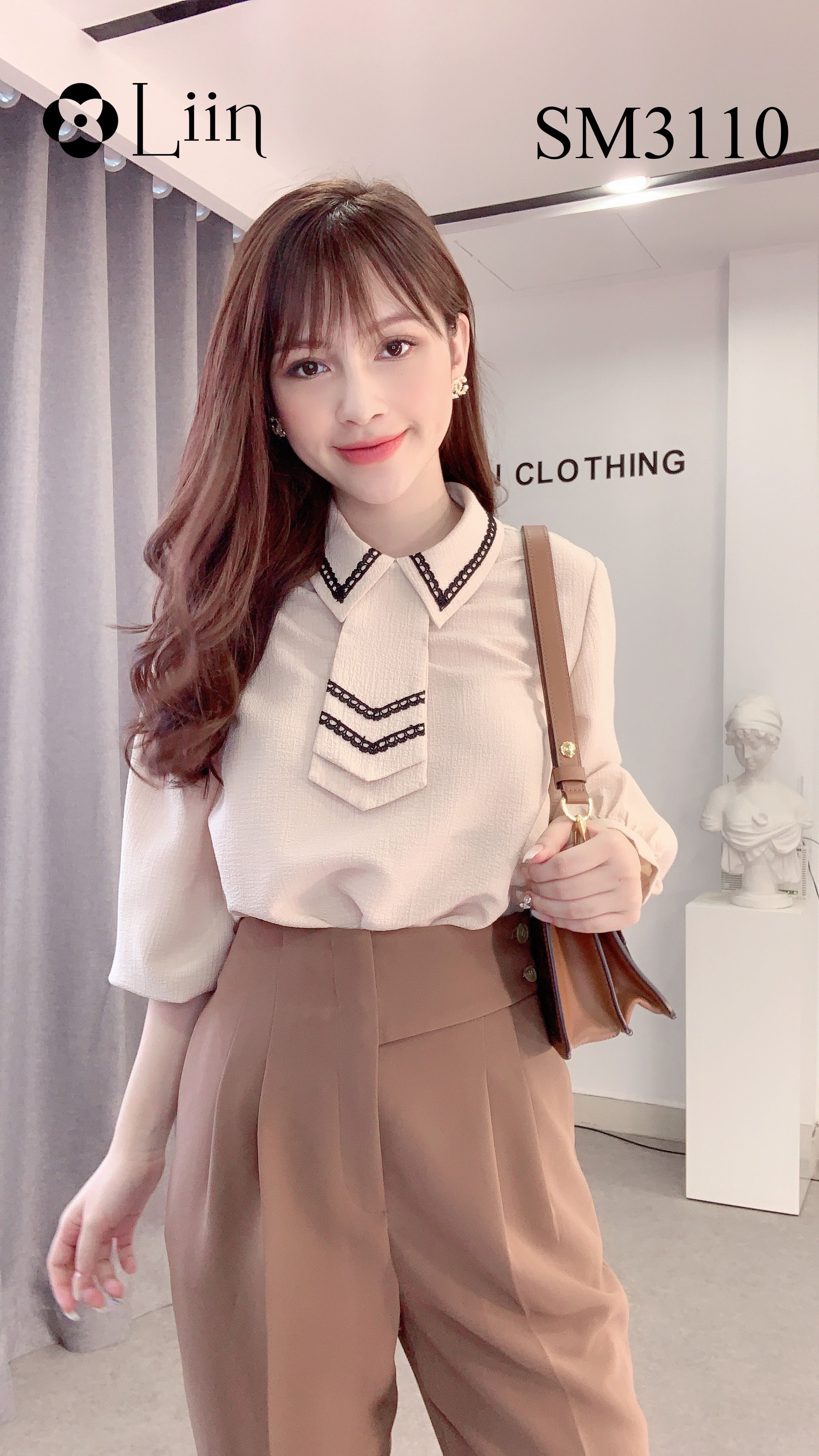 Áo sơ mi màu Be kết hợp Cavat chất vải lụa cao cấp Liin Clothing SM3110