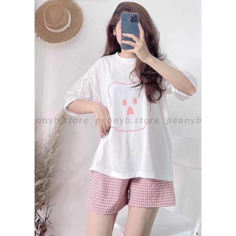 Sét cộc đùi hoạ tiết in gấu-Bộ quần short kẻ caro kèm áo thun tay kĩe form rộng in hình dễ thương, cute