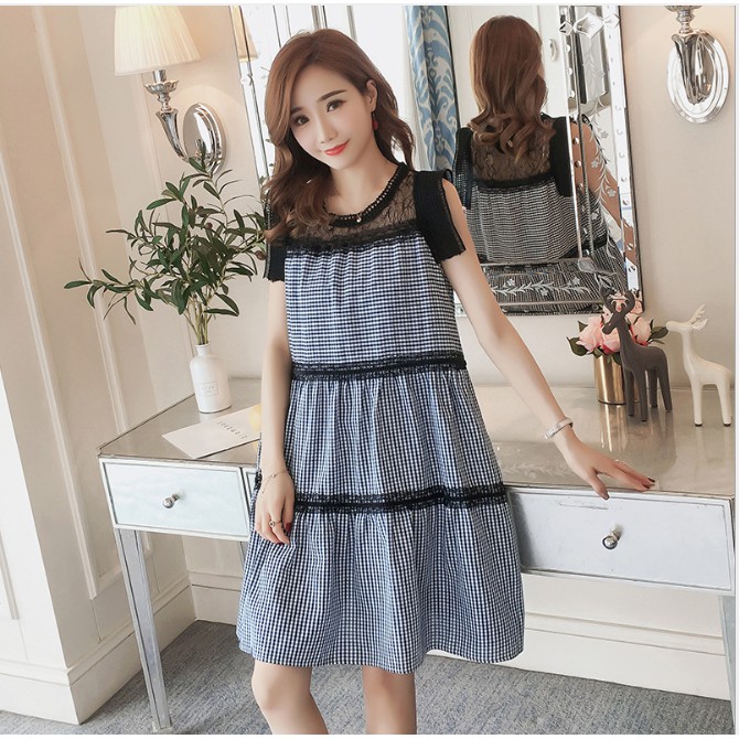 Váy bầu kẻ caro viền lưới đẹp