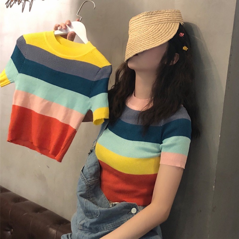Áo thun ZHELIHANGFEI dệt kim tay ngắn kẻ sọc cầu vồng dễ thương