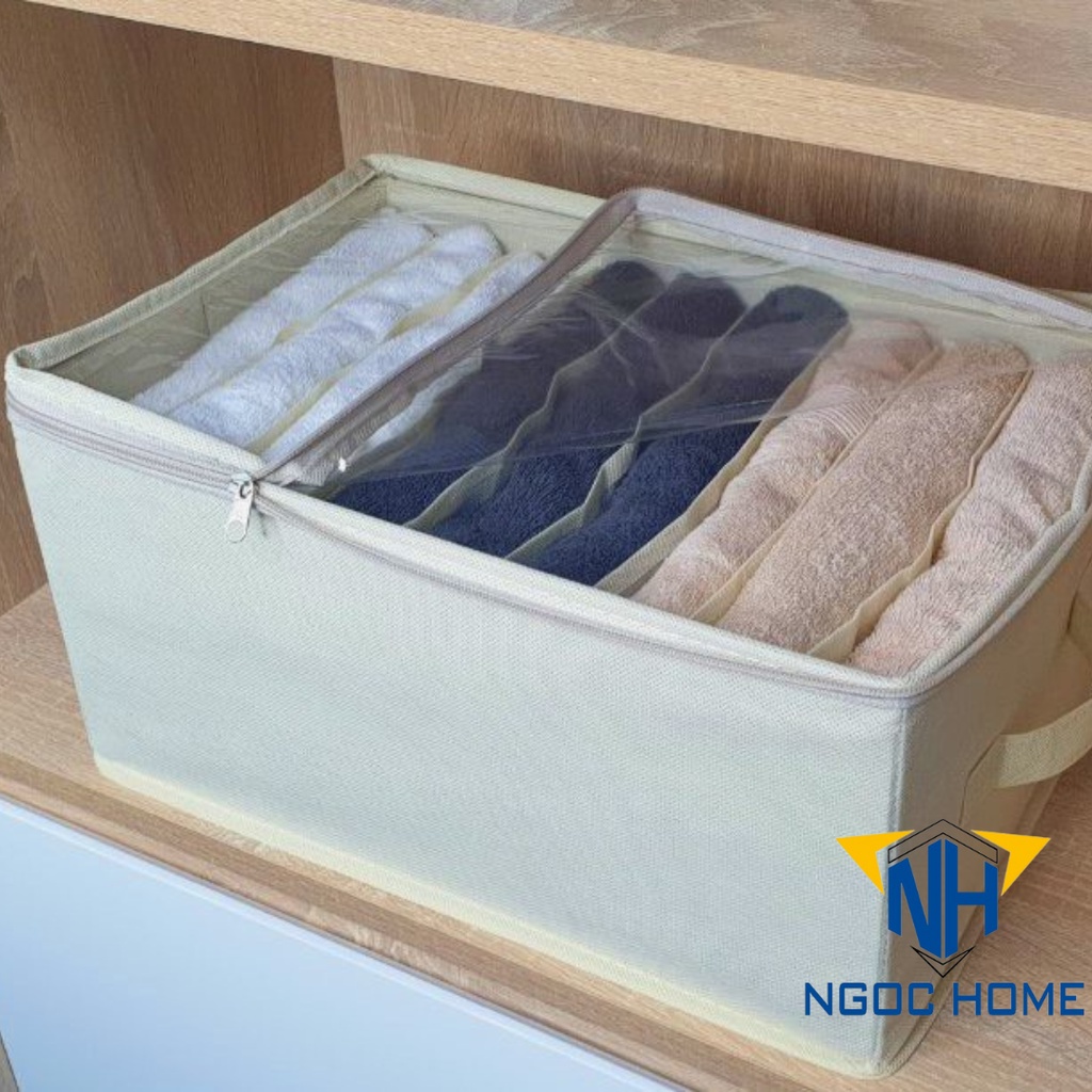 Hộp vải đựng quần áo NGỌC HOME hộp để quần áo, khăn tắm, đồ lót có khóa kéo mặt kính ni lông nhiều ngăn tiện ích