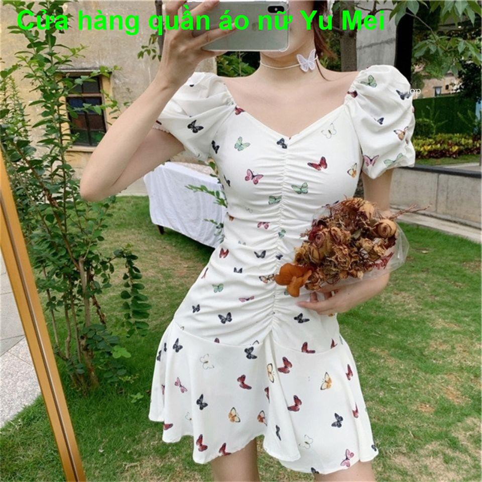 Mối tình đầuVáy liền đuôi cá tay bồng in hoa màu tím thân hình nhỏ ngọt ngào kiểu Pháp instagram mùa hè mẫu m