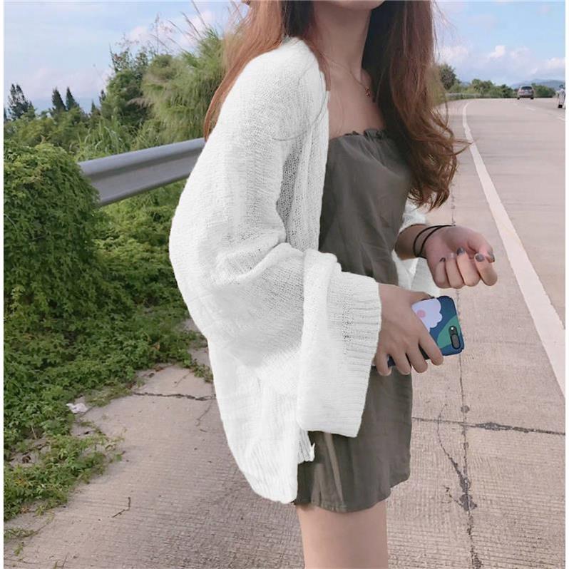Áo Khoác Cardigan Chống Nắng Dệt Kim Mỏng Màu Trơn Tay Dài Phong Cách Hàn Quốc Cho Nữ