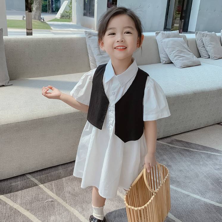 Set 2 Món Áo Vest Tay Ngắn Và Đầm Sơ Mi Xinh Xắn Cho Bé Gái 1-11 Tuổi