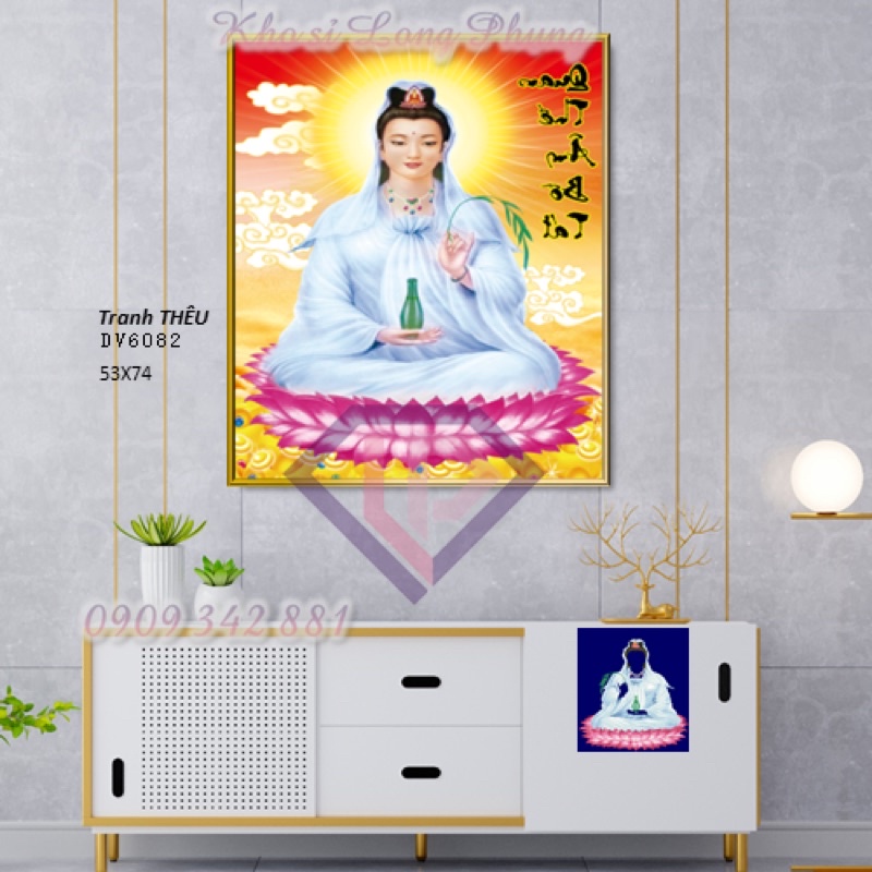(Kho sỉ) Tranh thêu chữ thập-TRANH ĐÍNH Đá Quan Ân đứng, quan Âm , Quan Âm bồ Tát Dv6082 53*74 cm ,D9017(chưa thêu)