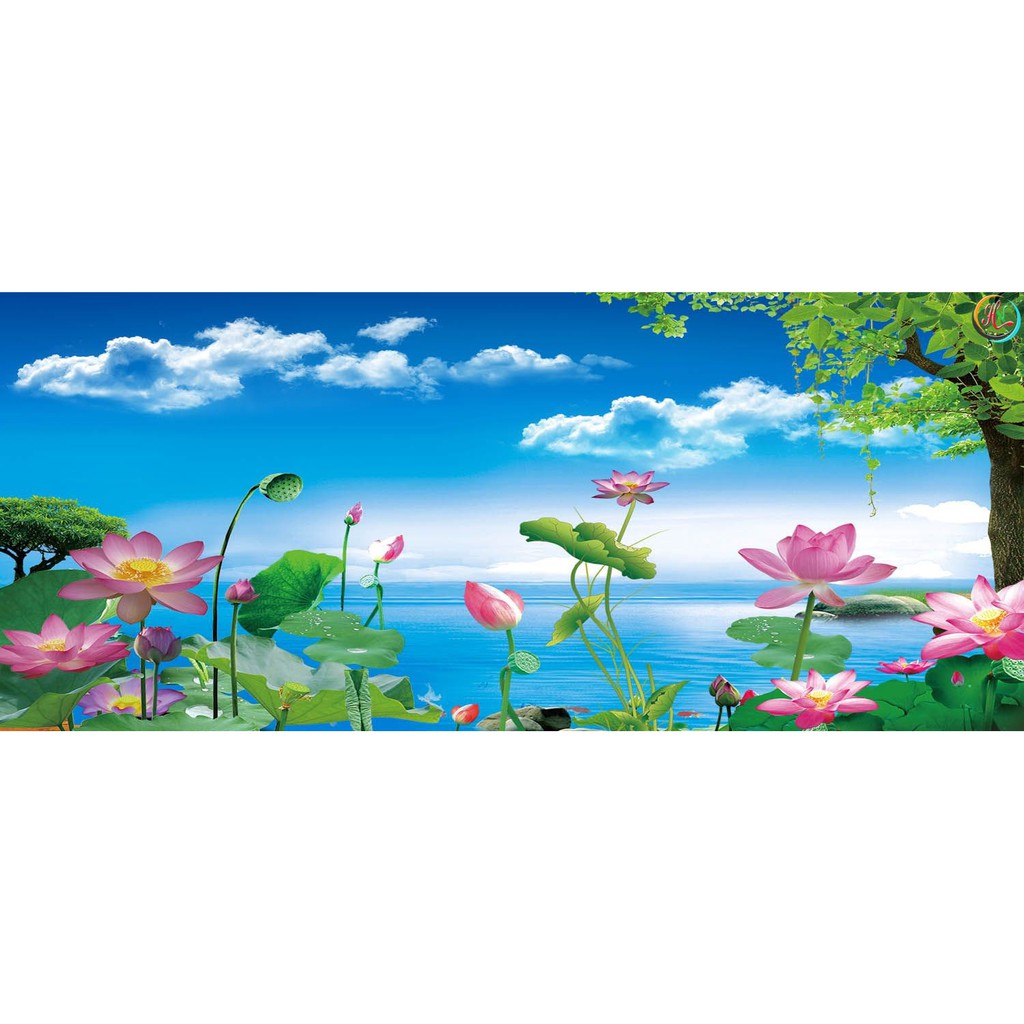 Tranh dán tường 3D hoa sen đỏ - vải lụa kim tuyến