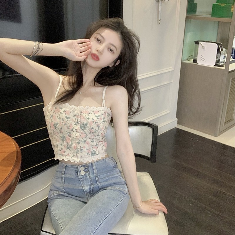Cocory vn Áo Croptop Hai Dây Phối Ren In Hoa Phong Cách Quyến Rũ | BigBuy360 - bigbuy360.vn