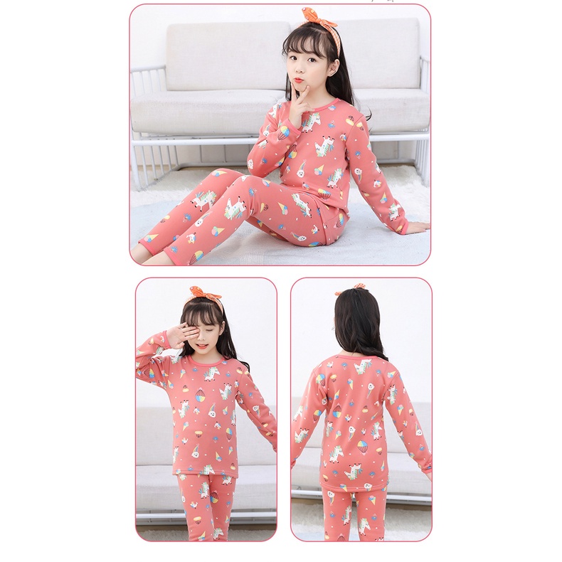 Set đồ ngủ cổ tròn dài tay lót nhung giữ ấm phong cách Hàn Quốc thời trang thu đông cho bé gái 90-170CM