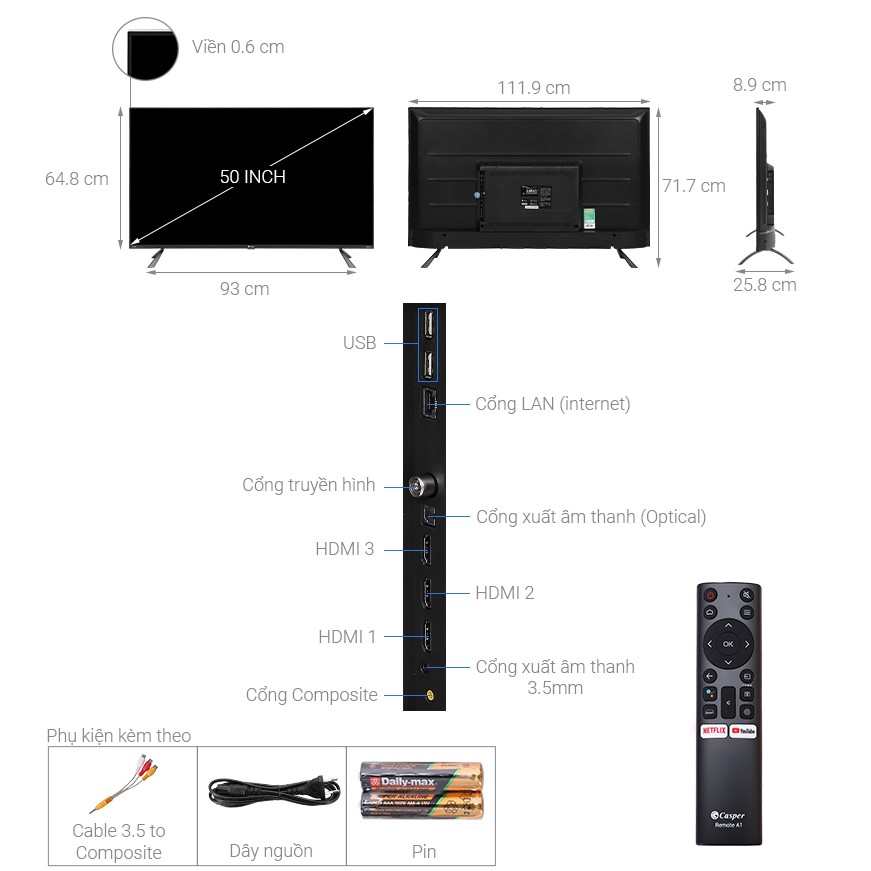 Smart Tivi Casper 4K 50 inch 50UG6100 Mới 2021, Tivi thái lan 50In 4k giọng nói.