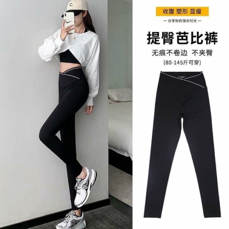Quần legging nữ viền cạp lưng cao ghen bụng vải Mì Hàn dáng ôm  xuất hàn