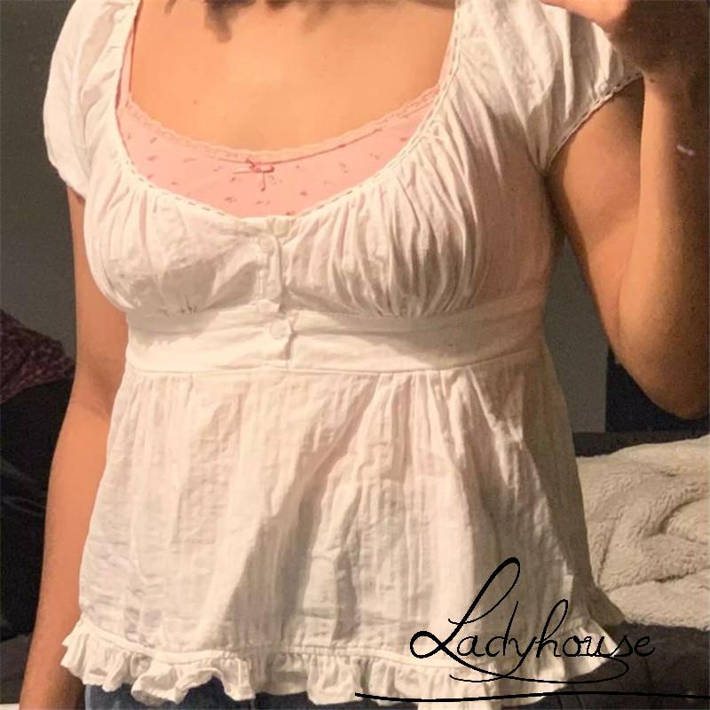 Áo Thun Tay Ngắn Cổ Thấp Xếp Ly Màu Sắc Trơn Thời Trang Mùa Hè Dành Cho Nữ