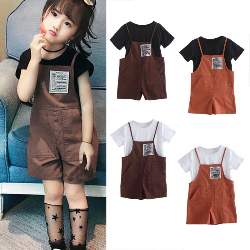 Set áo thun tay ngắn + quần yếm xinh xắn dành cho bé gái