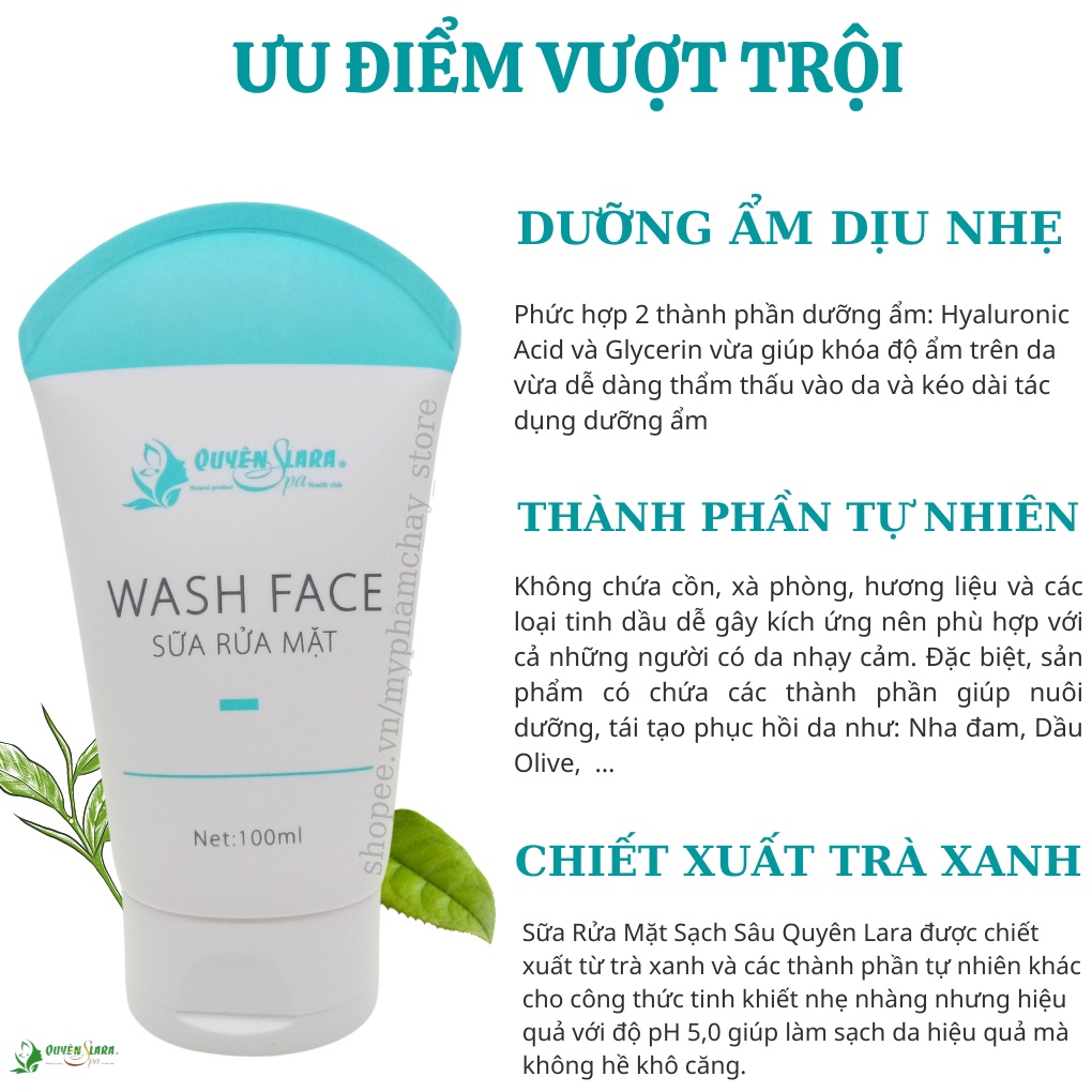 Sữa Rửa Mặt Wash Face QUYÊN LARA Dịu Nhẹ Giúp Loại Bỏ Bã Nhờn,Bụi Bẩn,Tẩy Da Chết Giúp Da Tươi Sáng Hơn 100ml