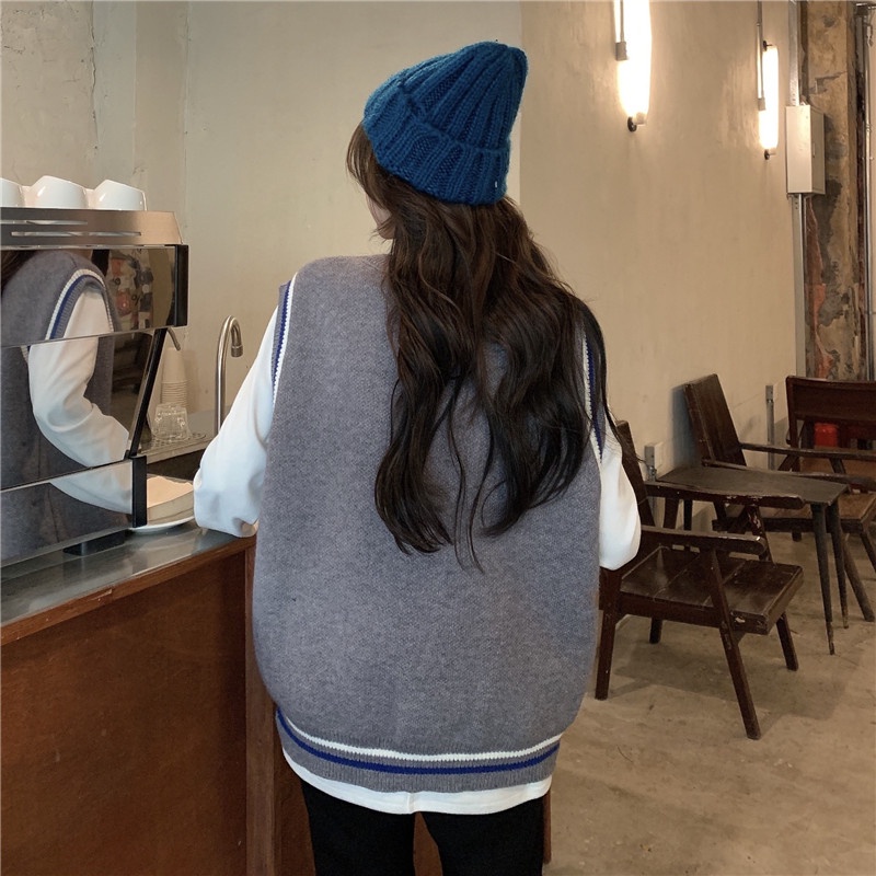 ZHELIHANGFEI Áo Sweater Dệt Kim Sát Nách Dáng Rộng In Hình Gấu Dễ Thương