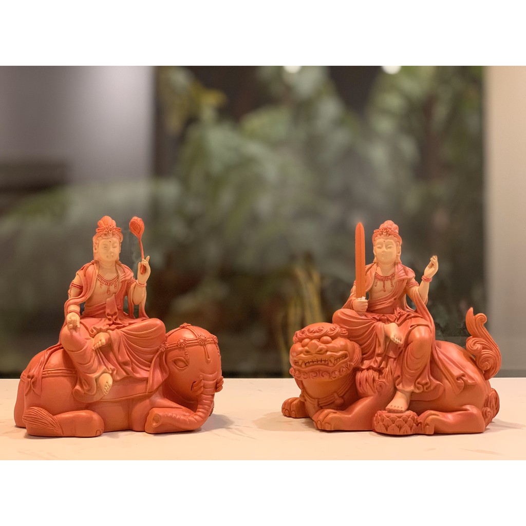 Bộ 2 tượng Văn Thù - Phổ Hiền Bồ Tát 13,5cm nhựa composite