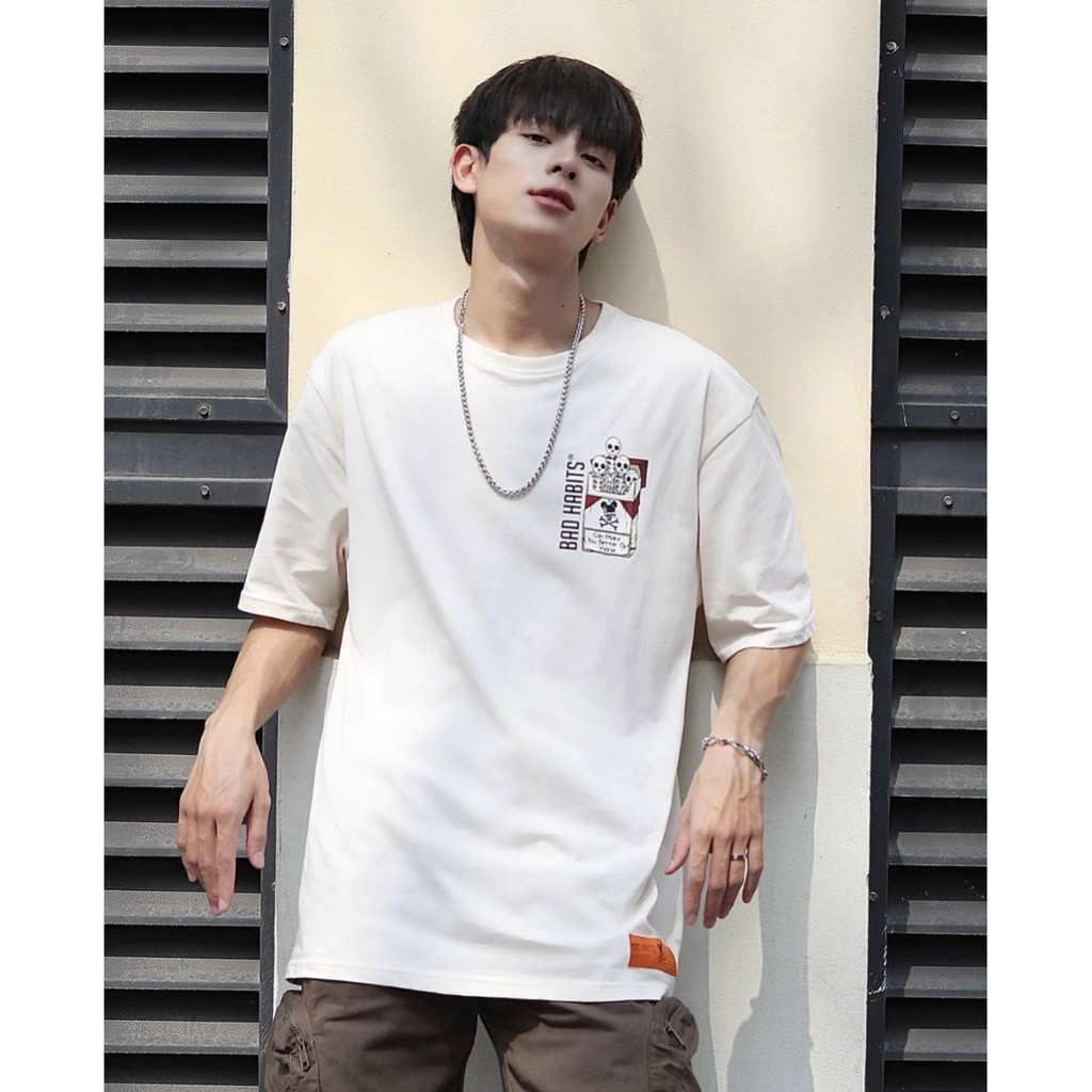 Áo thun Xương TOBACCO Unisex Nam Nữ Form Rộng Tay Lở Màu Kem