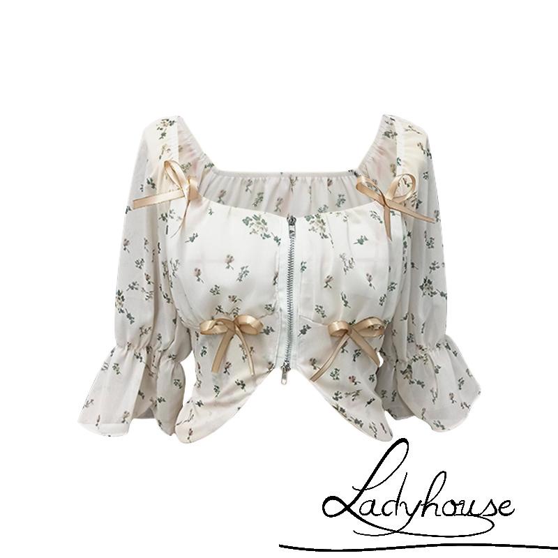 Áo croptop cổ vuông tay phồng in họa tiết hoa có khóa kéo thời trang xuân hè cho nữ