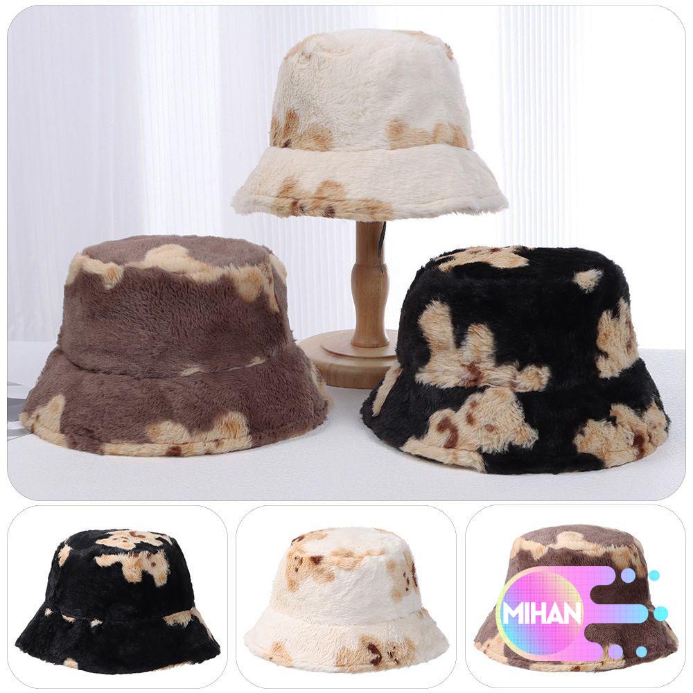 Mũ bucket lông cừu giữ ấm mùa thu đông hình gấu dễ thương cho nam nữ MIHAN1