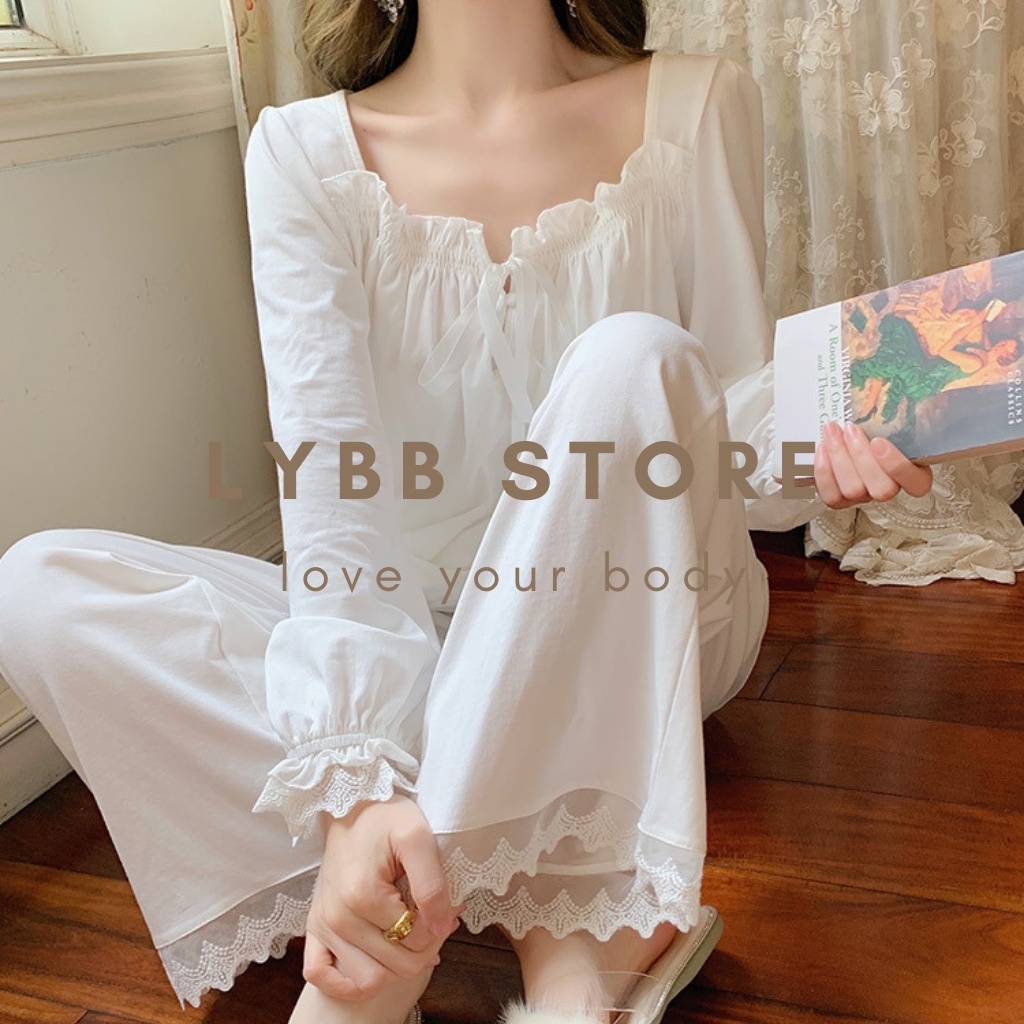 Set quần áo nữ mặc nhà chất liệu cotton đẹp, bộ ngủ tiểu thư dài tay xinh xắn, đồ ngủ nữ phong cách retro