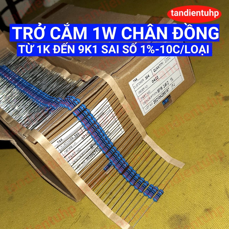 Trở cắm 1W màng kim loại, chân Đồng, sai số 1% , 21 mã từ 1K đến 9K1 mỗi mã 10 chiếc, thương hiệu Đài Loan