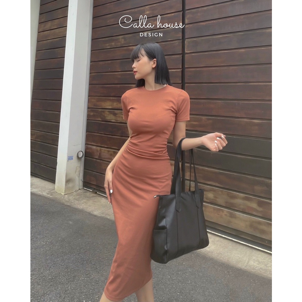 Đầm body thun 4 chiều tay ngắn nhún thân màu trơn Callene (L1481) | BigBuy360 - bigbuy360.vn