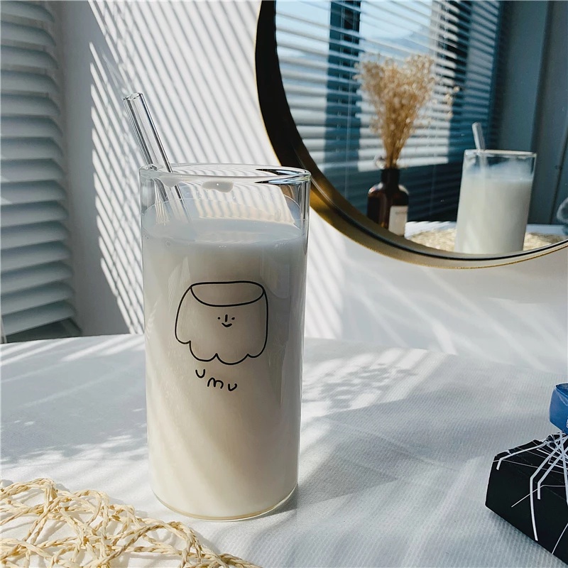 Cốc thủy tinh in hoạt hình 400ml + ống hút/Cọ ống hút/Nhãn dán dễ thương