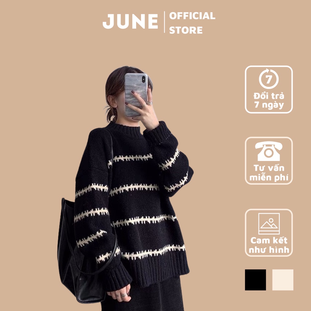 Áo len chui đầu cổ 3 phân JUNE kẻ sọc ngang nhỏ dày dặn dáng rộng