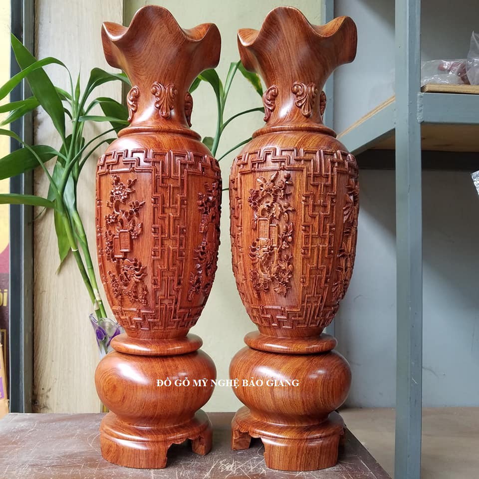 Cặp lộc bình gỗ hương cặp lục bình gỗ hương khắc tứ quý cao 40 cm