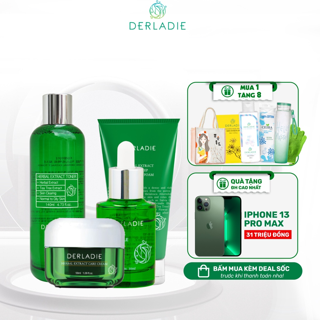 Bộ 4 Sản Phẩm Chiết Xuất Tràm Trà Giảm Mụn Sau 14 Ngày Derladie Herbal Extract
