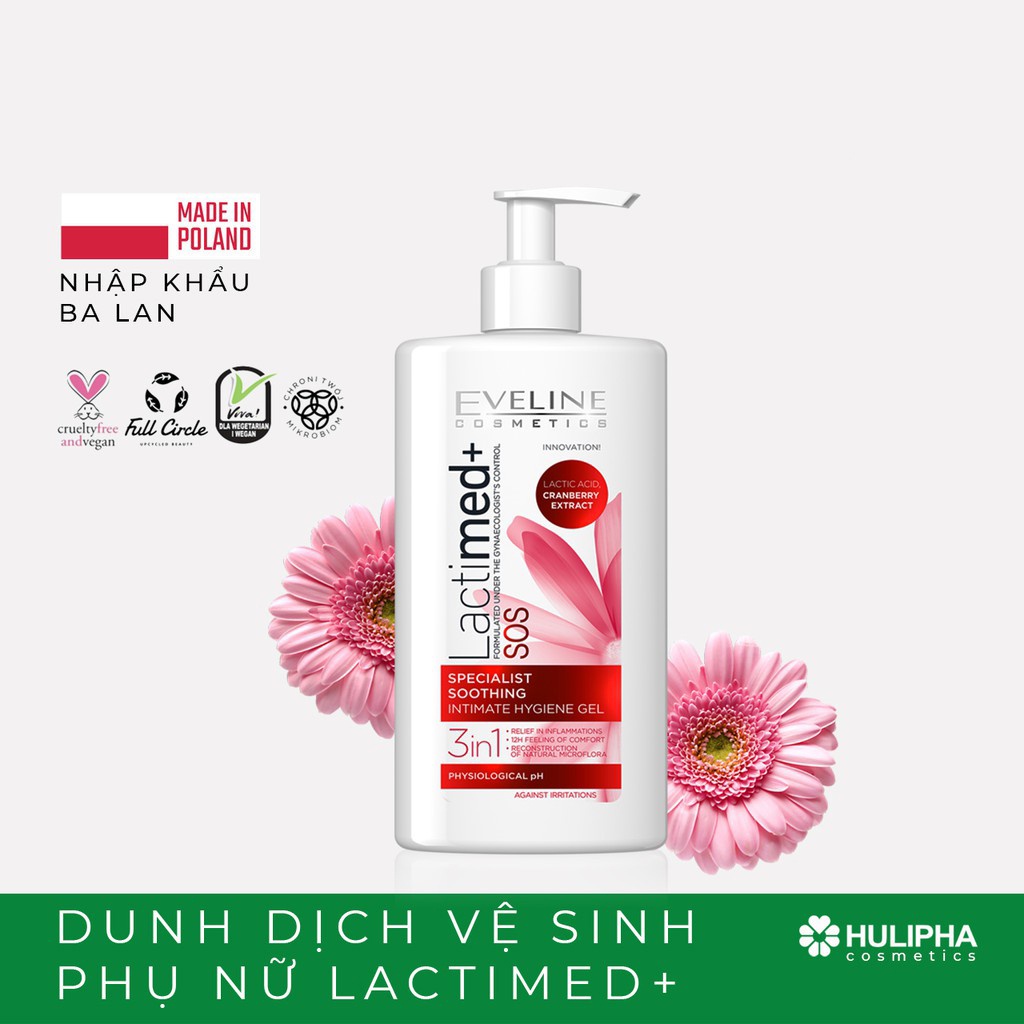 Gel vệ sinh phụ nữ Eveline Lactimed + (Ba Lan) - Làm sạch, dưỡng ẩm, tăng cường bảo vệ toàn diện vùng kín - Chai 250ml